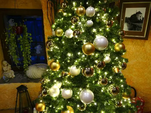 Weihnachtsbaum neben altem Mühlenfoto